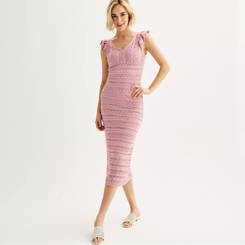 Boho Freshman Flutter Sleeve Crochet Knit Midi Dress – Pink, Spring Fashion